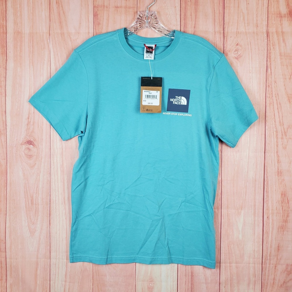 The North Face T Shirt Mens Small Blue NSE Box Logo Cotton Crew Neck Pullover